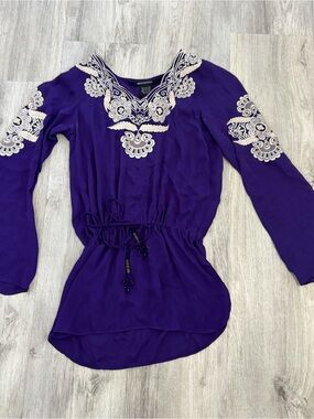 Quotation Silk Embroidered Tunic Shirt Top Women’s XS Purple Boho Vintage